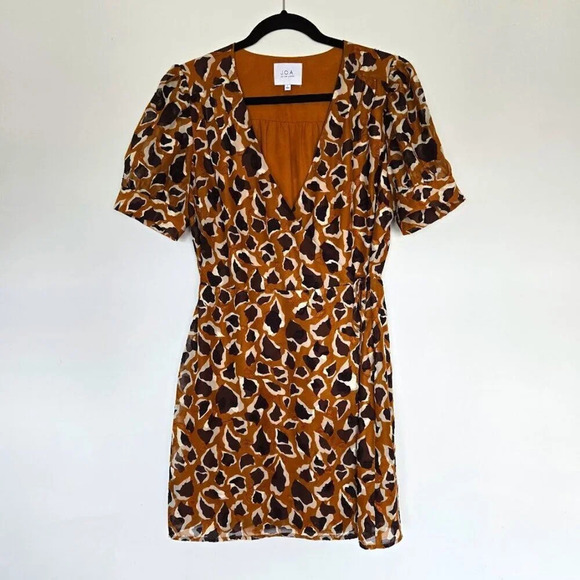 Anthropologie J.O.A. Dotted + Spotted Wrap Mini Dress Brown Multi Size L - Picture 5 of 15